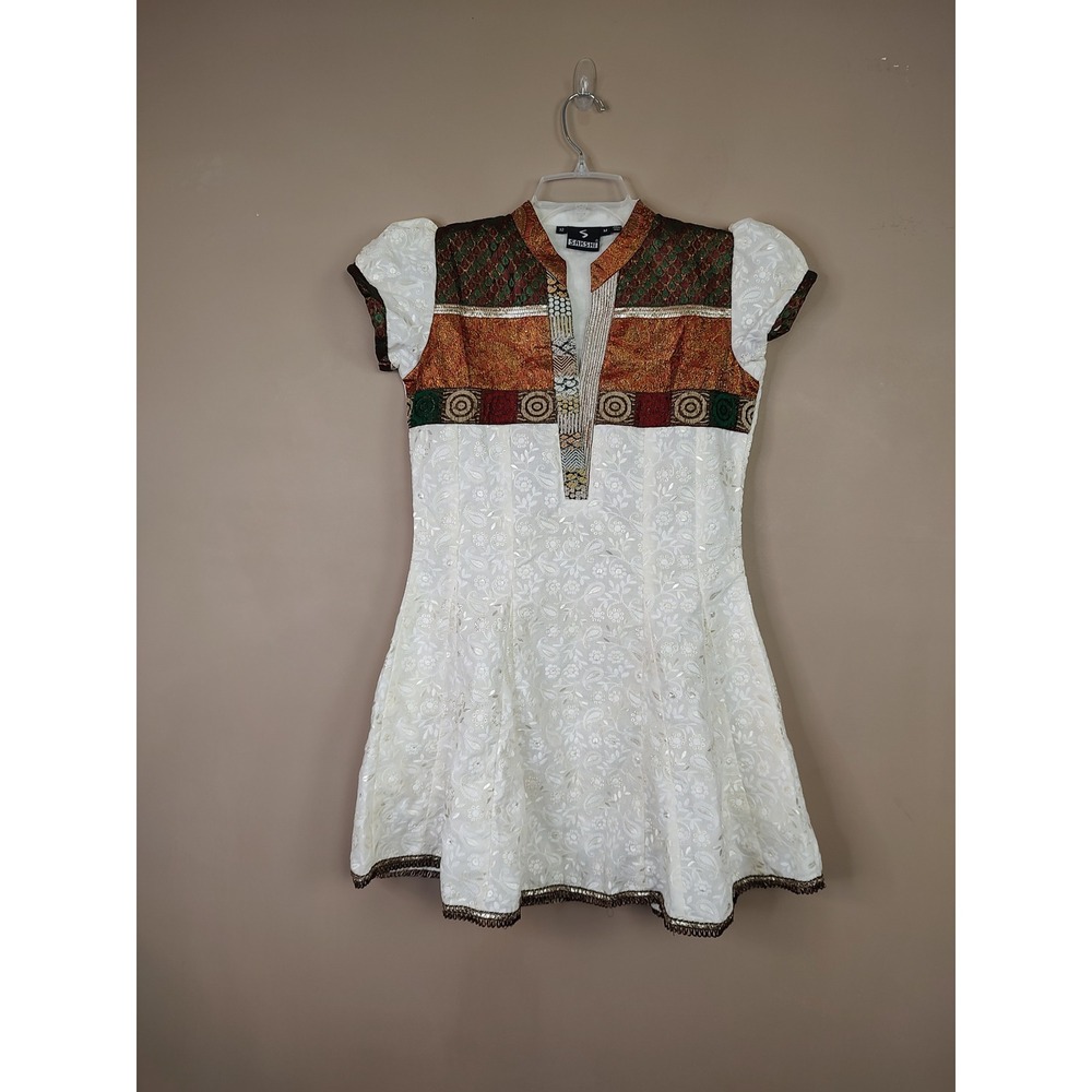 Sakshi Womens White Floral Embroidered Tunic Top Gold Jacquard M 32 India